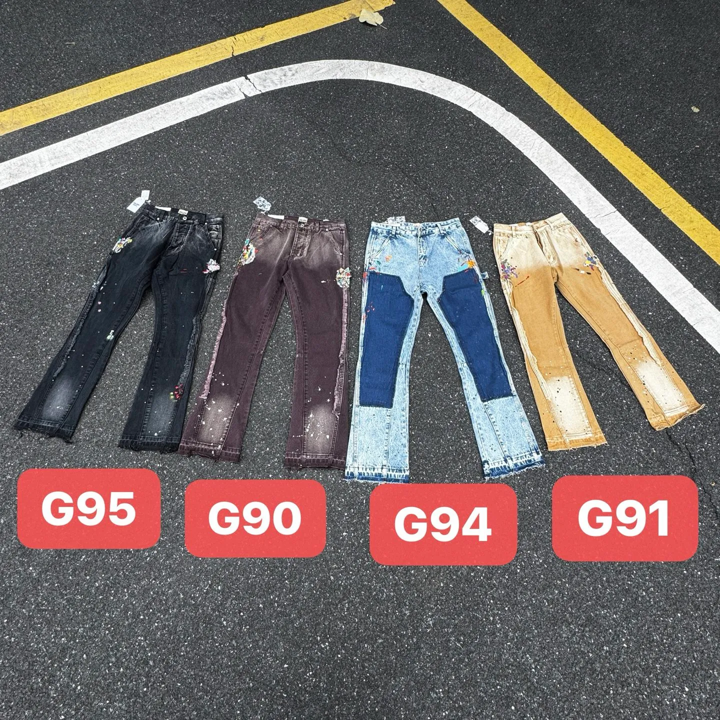 P250 (G95 black) (G90 burgundy) (G94 blue) (G91 khaki) GALLERY DEPT. Spliced ​​patchwork splash-ink denim flared pants washed and distressed spliced ​​jeans logging micro-flared jeans men and women same style Code number: 28 30 32 34 36